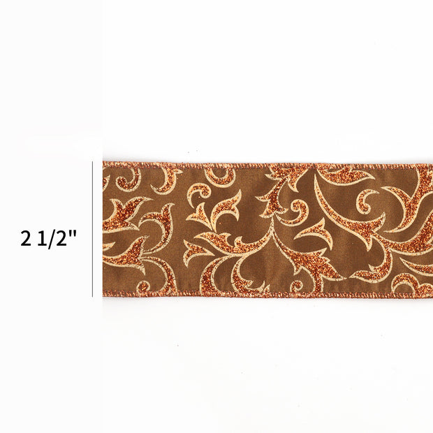 2 1/2" Wired Ribbon | "Glitter Brocade" Brown/Copper | 10 Yard Roll