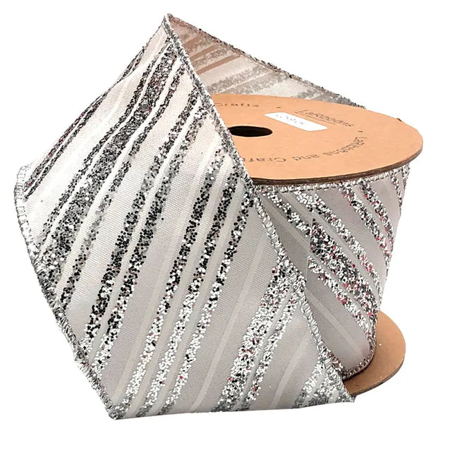 2 1/2" Wired Ribbon | "Glitter Striped" White/Silver | 10 Yard Roll LaRibbons and Crafts