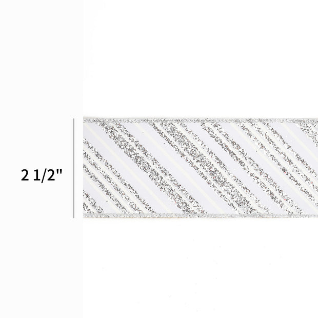 2 1/2" Wired Ribbon | "Glitter Striped" White/Silver | 10 Yard Roll