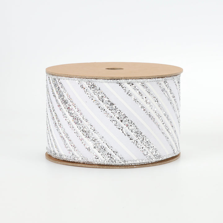 2 1/2" Wired Ribbon | "Glitter Striped" White/Silver | 10 Yard Roll