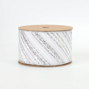 2 1/2" Wired Ribbon | "Glitter Striped" White/Silver | 10 Yard Roll