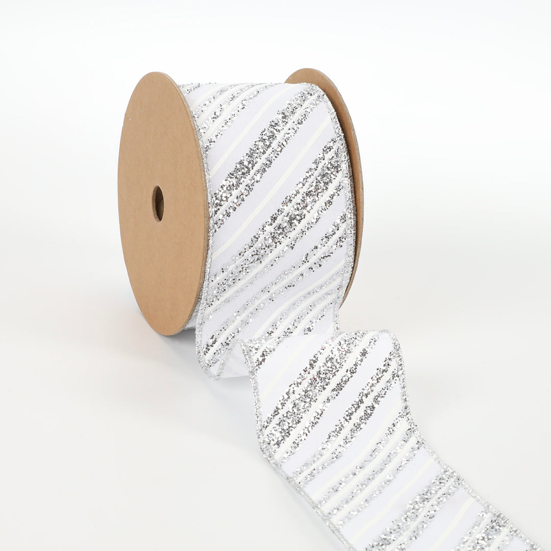 2 1/2" Wired Ribbon | "Glitter Striped" White/Silver | 10 Yard Roll