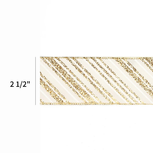 2 1/2" Wired Ribbon | "Glitter Striped" Antique White/Gold | 10 Yard Roll LaRibbons and Crafts