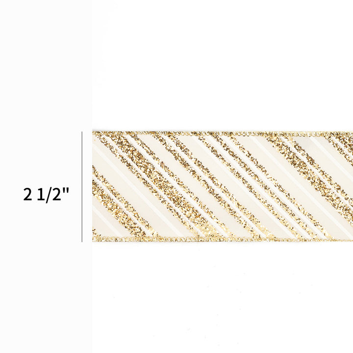 2 1/2" Wired Ribbon | "Glitter Striped" Antique White/Gold | 10 Yard Roll