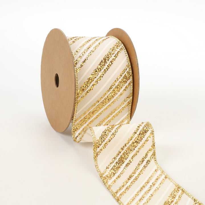 2 1/2" Wired Ribbon | "Glitter Striped" Antique White/Gold | 10 Yard Roll