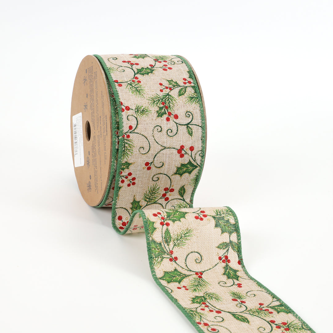 2 1/2" Wired Ribbon | "Holly Scroll" Natural/Green Multi | 10 Yard Roll