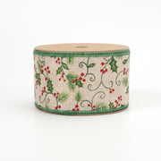 2 1/2" Wired Ribbon | "Holly Scroll" Natural/Green Multi | 10 Yard Roll