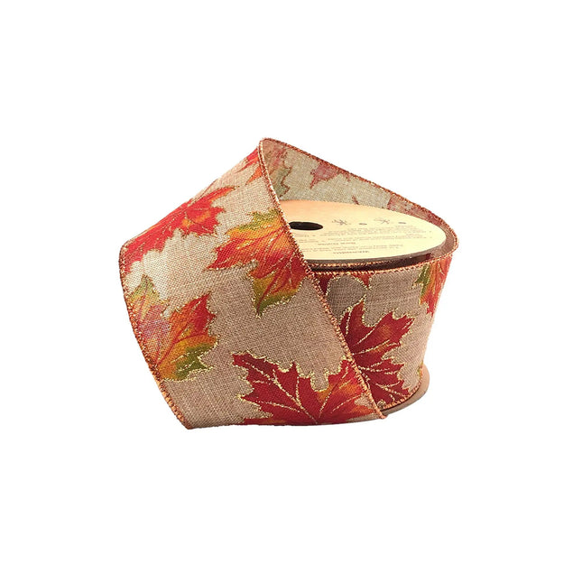 2 1/2" Wired Ribbon | "Glitter Maple Leaf" Natural/Multi | 10 Yard Roll LaRibbons and Crafts