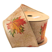 2 1/2" Wired Ribbon | "Glitter Maple Leaf" Natural/Gold Multi | 10 Yard Roll