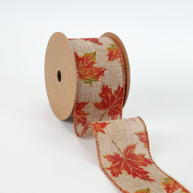 2 1/2" Wired Ribbon | "Glitter Maple Leaf" Natural/Gold Multi | 10 Yard Roll