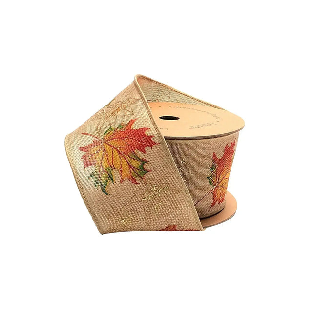 2 1/2" Wired Ribbon | "Glitter Maple Leaf" Natural/Gold Multi | 10 Yard Roll LaRibbons and Crafts