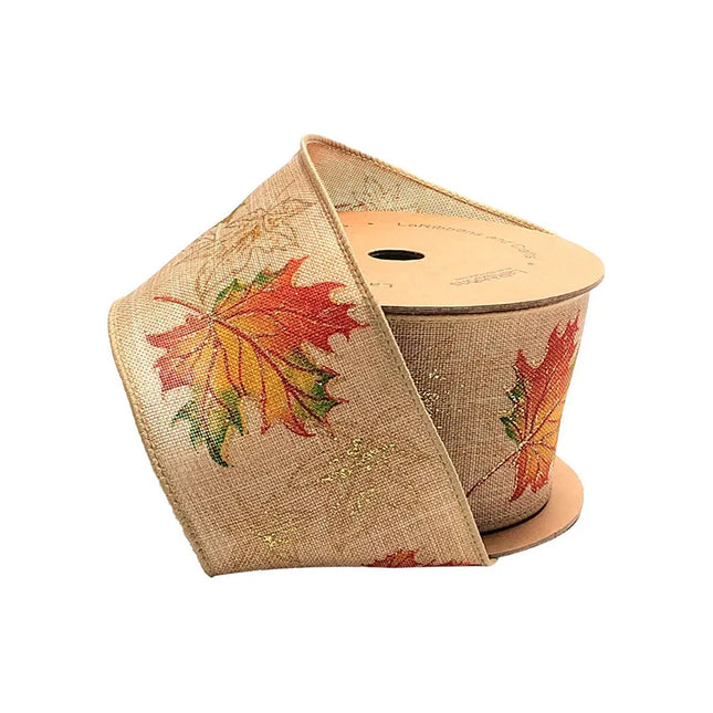 2 1/2" Wired Ribbon | "Glitter Maple Leaf" Natural/Gold Multi | 10 Yard Roll LaRibbons and Crafts