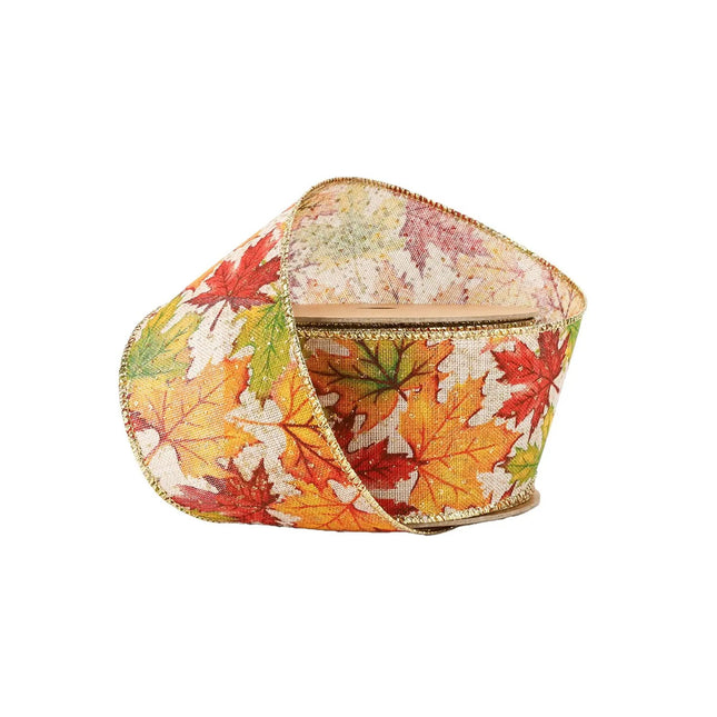 2 1/2" Wired Ribbon | "Glitter Maple Leaf" Natural/Gold Multi | 10 Yard Roll LaRibbons and Crafts