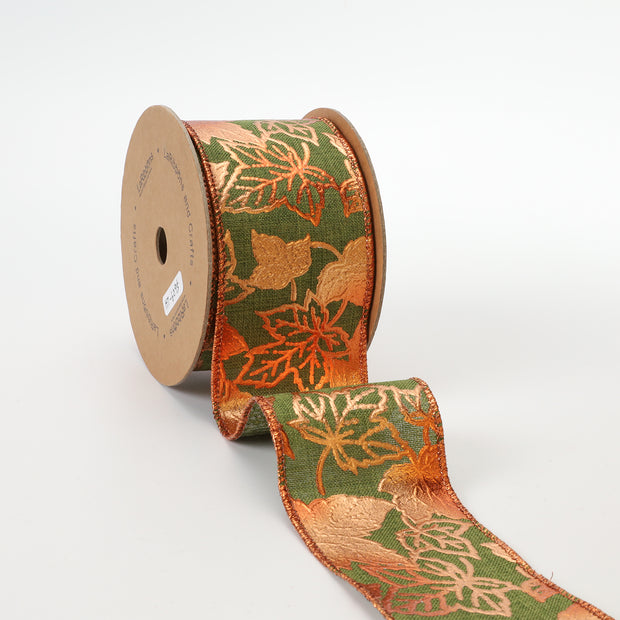 2 1/2" Wired Ribbon | "Metallic Maple Leaf" Green/Copper | 10 Yard Roll