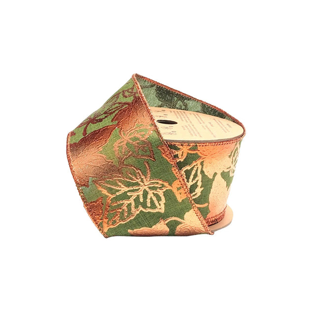 2 1/2" Wired Ribbon | "Metallic Maple Leaf" Green/Copper | 10 Yard Roll LaRibbons and Crafts