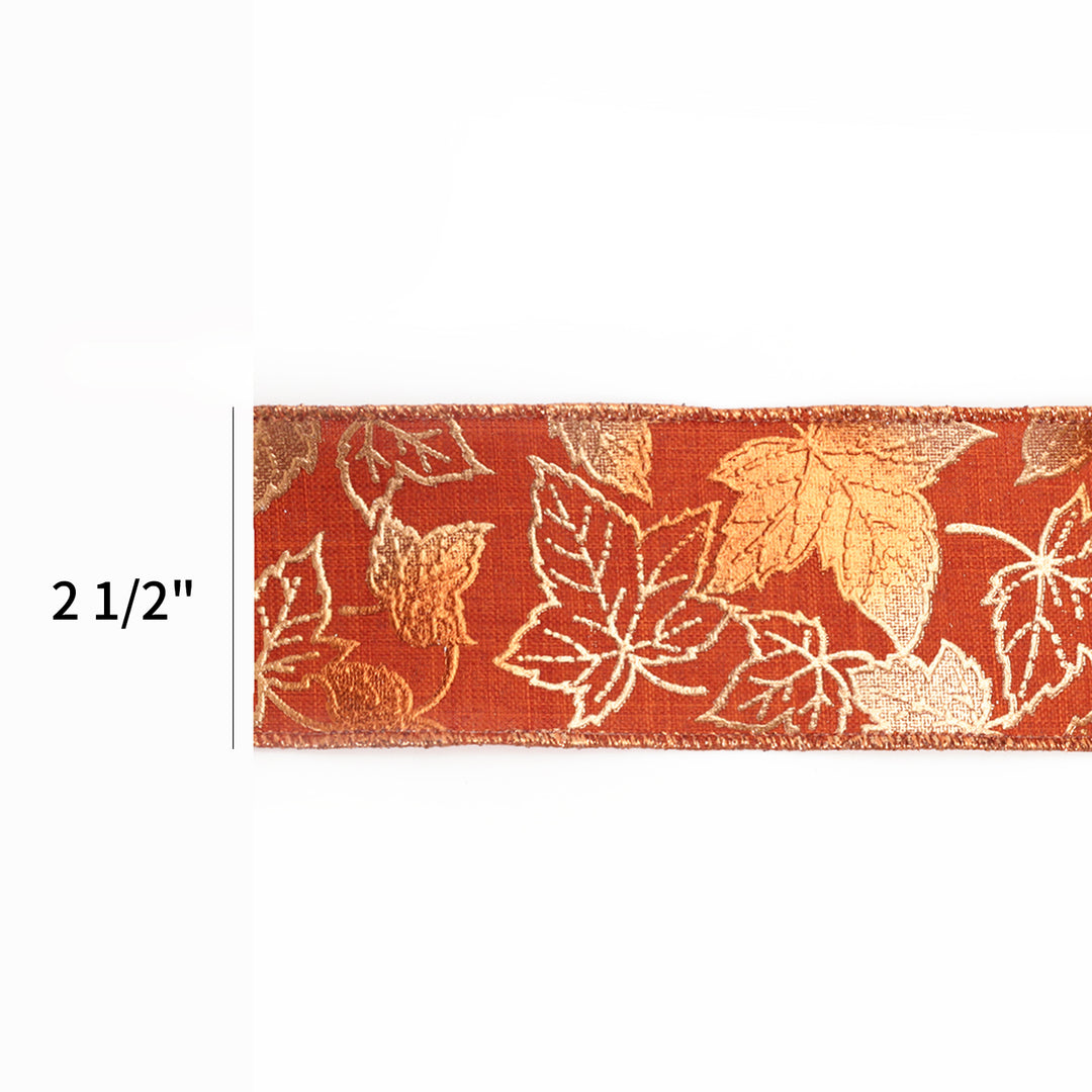 2 1/2" Wired Ribbon | "Metallic Maple Leaf" Rust/Copper | 10 Yard Roll - 50 % OFF