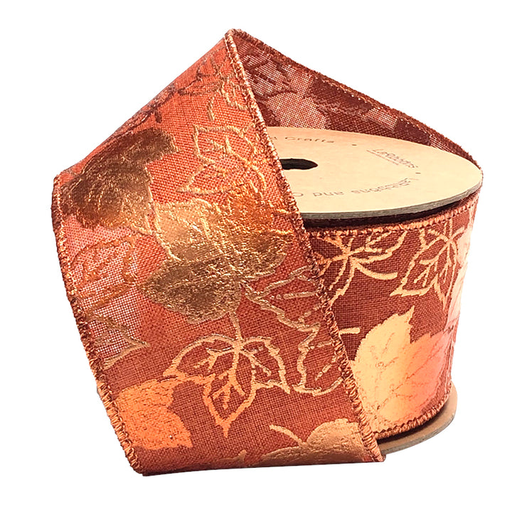 2 1/2" Wired Ribbon | "Metallic Maple Leaf" Rust/Copper | 10 Yard Roll - 50 % OFF