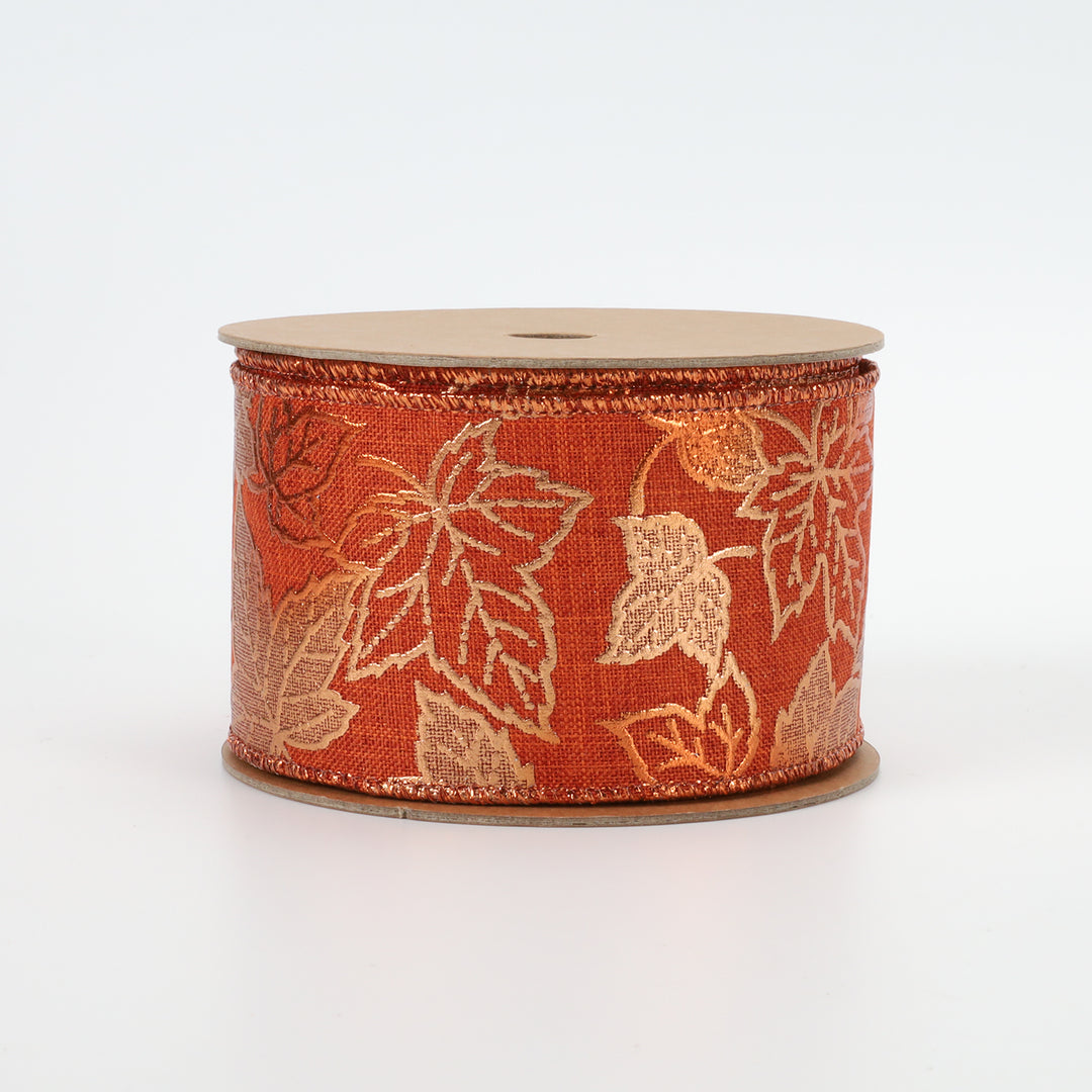 2 1/2" Wired Ribbon | "Metallic Maple Leaf" Rust/Copper | 10 Yard Roll - 50 % OFF