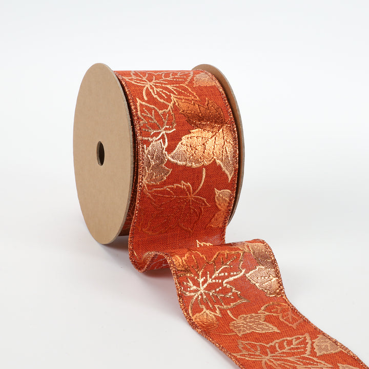 2 1/2" Wired Ribbon | "Metallic Maple Leaf" Rust/Copper | 10 Yard Roll - 50 % OFF