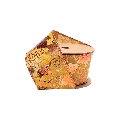 2 1/2" Wired Ribbon | "Metallic Maple Leaf" Marigold/Copper | 10 Yard Roll LaRibbons and Crafts