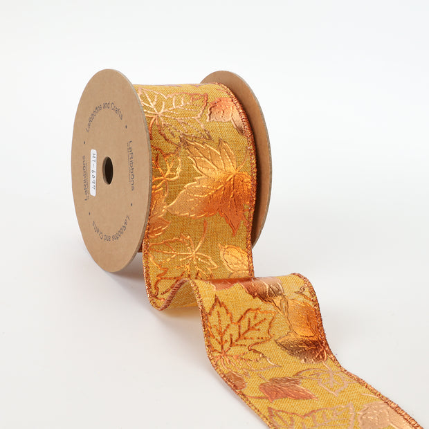 2 1/2" Wired Ribbon | "Metallic Maple Leaf" Marigold/Copper | 10 Yard Roll