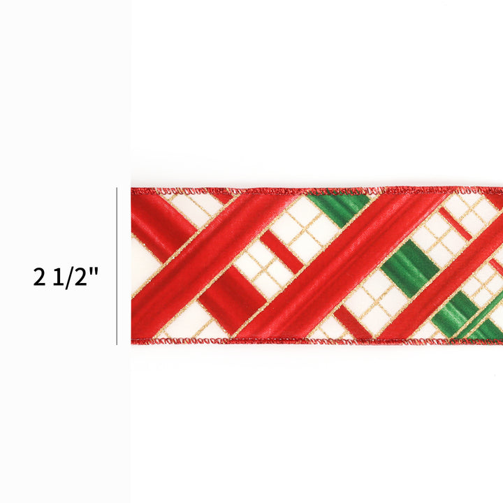 2 1/2" Wired Ribbon | "Faux Argyle" White/Red Multi | 10 Yard Roll