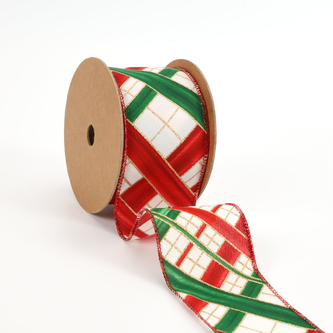 2 1/2" Wired Ribbon | "Faux Argyle" White/Red Multi | 10 Yard Roll