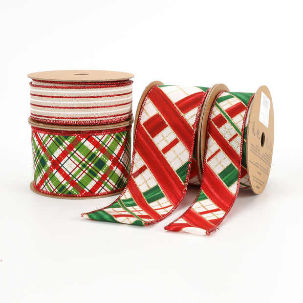 2 1/2" Wired Ribbon | "Faux Argyle" White/Red Multi | 10 Yard Roll