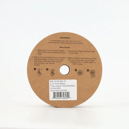 2 1/2" Wired Ribbon | "Faux Argyle" White/Red Multi | 10 Yard Roll