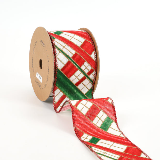 2 1/2" Wired Ribbon | "Faux Argyle" Natural/Red Multi | 10 Yard Roll