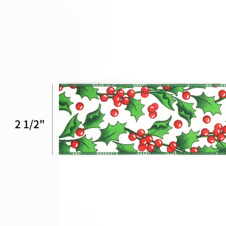 2 1/2" Wired Ribbon | "Holly Berry" White/Green Multi | 10 Yard Roll