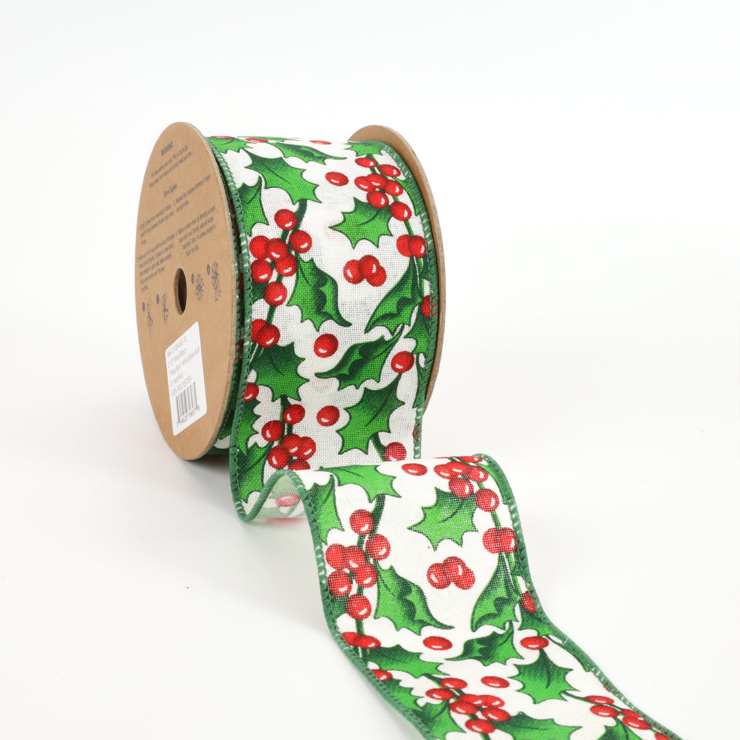 2 1/2" Wired Ribbon | "Holly Berry" White/Green Multi | 10 Yard Roll