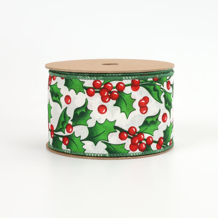 2 1/2" Wired Ribbon | "Holly Berry" White/Green Multi | 10 Yard Roll