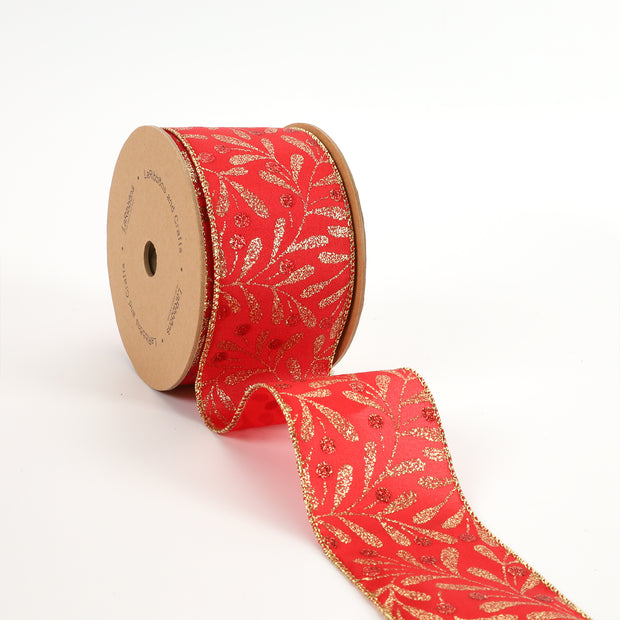 2 1/2" Holiday Wired Ribbon | "Glitter Holly Berry" | 10 Yard Roll