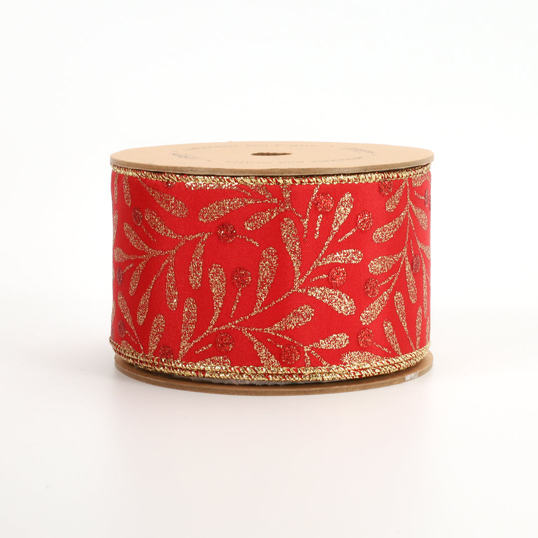 2 1/2" Holiday Wired Ribbon | "Glitter Holly Berry" | 10 Yard Roll