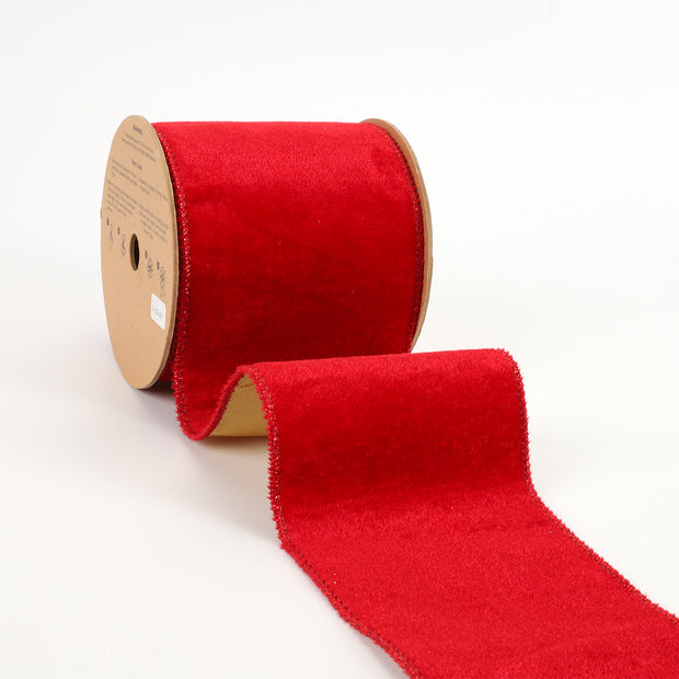 4" Reversible Velvet/Lurex Wired Ribbon | Red/Gold | 10 Yard Roll