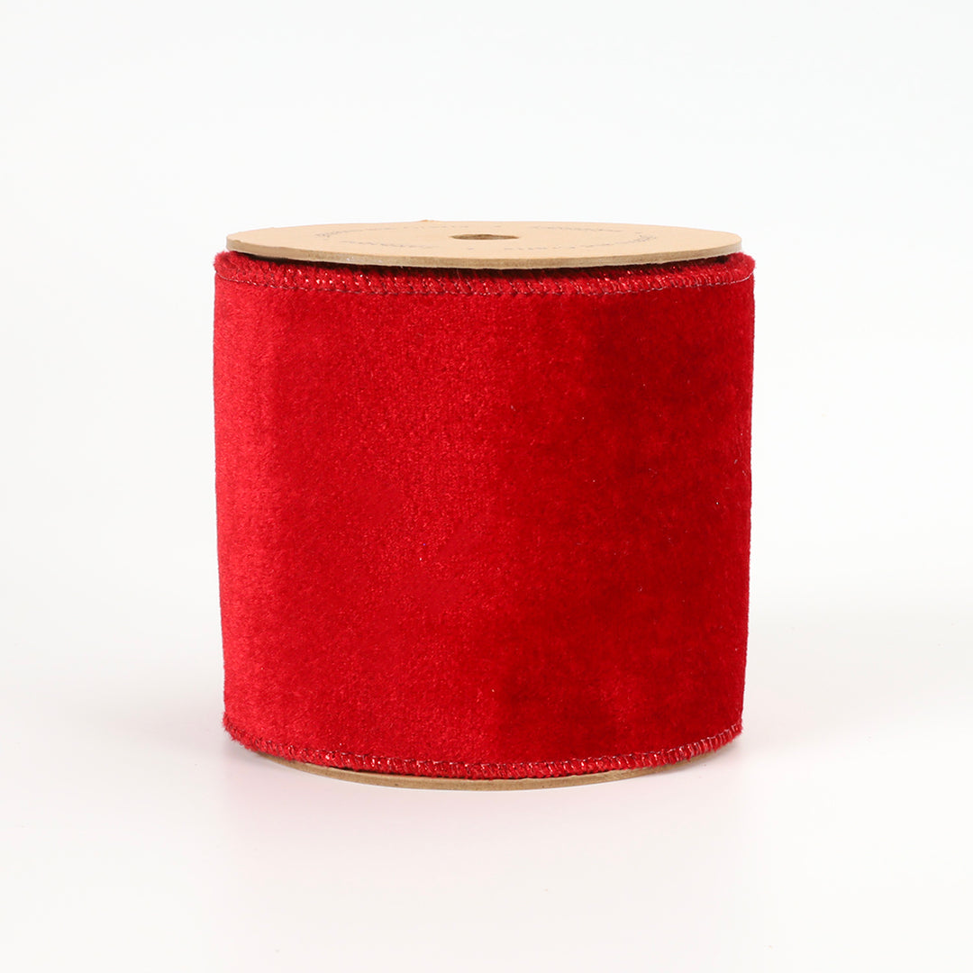 4" Reversible Velvet/Lurex Wired Ribbon | Red/Gold | 10 Yard Roll