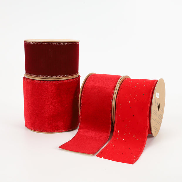 4" Reversible Velvet/Lurex Wired Ribbon | Red/Gold | 10 Yard Roll