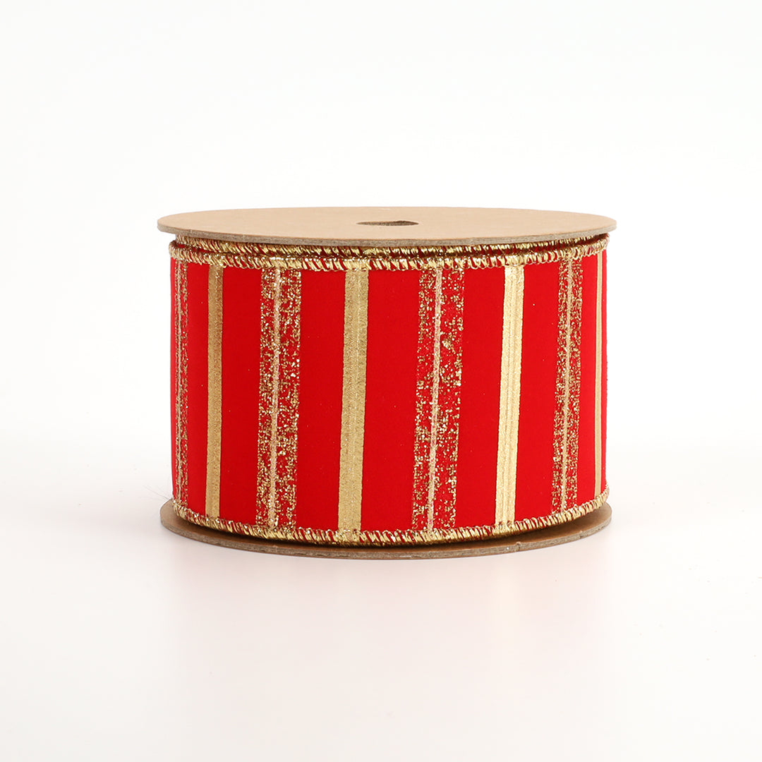 2 1/2" Wired Ribbon | "Flocked Striped" Red/Gold | 10 Yard Roll