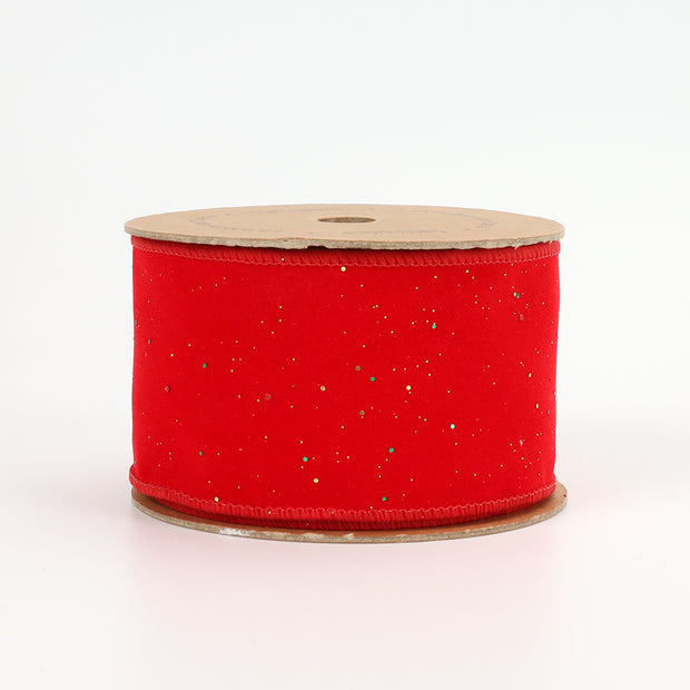 2 1/2" Wired Ribbon | "Flocked Glitter" Red/Multi | 10 Yard Roll