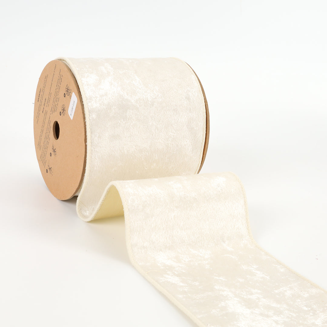 4" Reversible Velvet/Lurex Wired Ribbon | Ivory/Gold | 10 Yard Roll