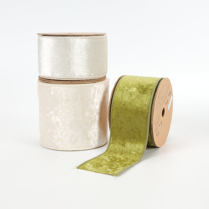 4" Reversible Velvet/Lurex Wired Ribbon | Ivory/Gold | 10 Yard Roll