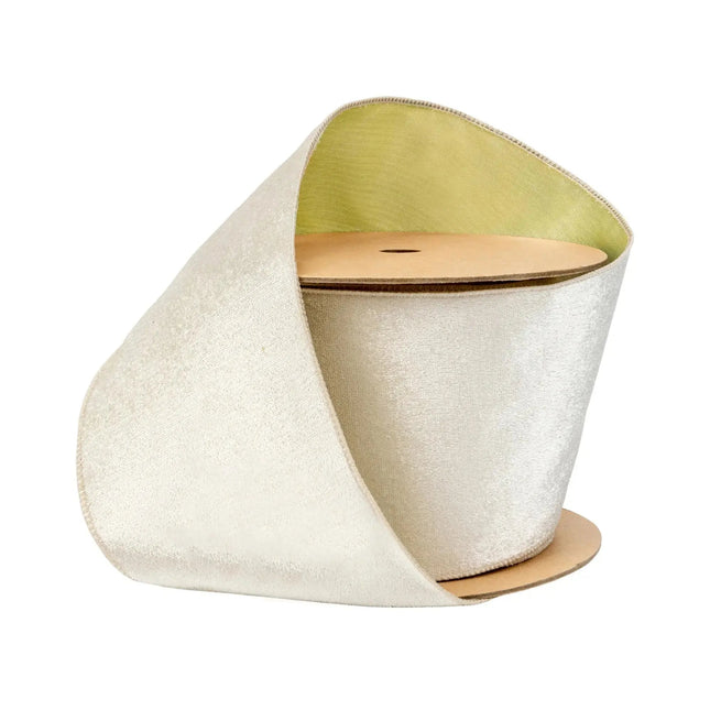 4" Reversible Velvet/Lurex Wired Ribbon | Ivory/Gold | 10 Yard Roll LaRibbons and Crafts