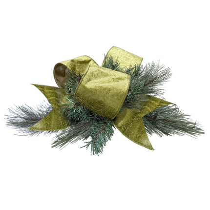 Moss Green Velvet Ribbon Bow on Pine, Reversible Gold Lurex, Festive Christmas Decor
