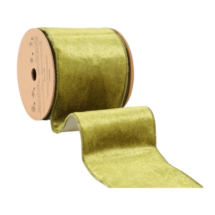 Side View Olive Green Velvet Ribbon Spool, Flowing Plush Ribbon, Exquisite Craft.