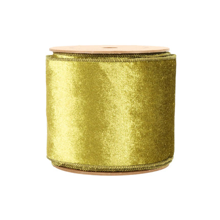 Front View Olive Green Velvet Ribbon Spool, Plush Surface & Elegant Edging.