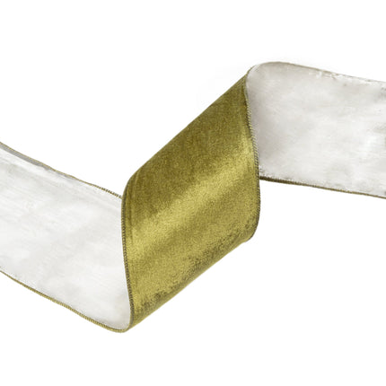 Reversible Velvet/Lurex Wired Ribbon, Moss Green & Gold Lurex, Intricate Reversible Detail