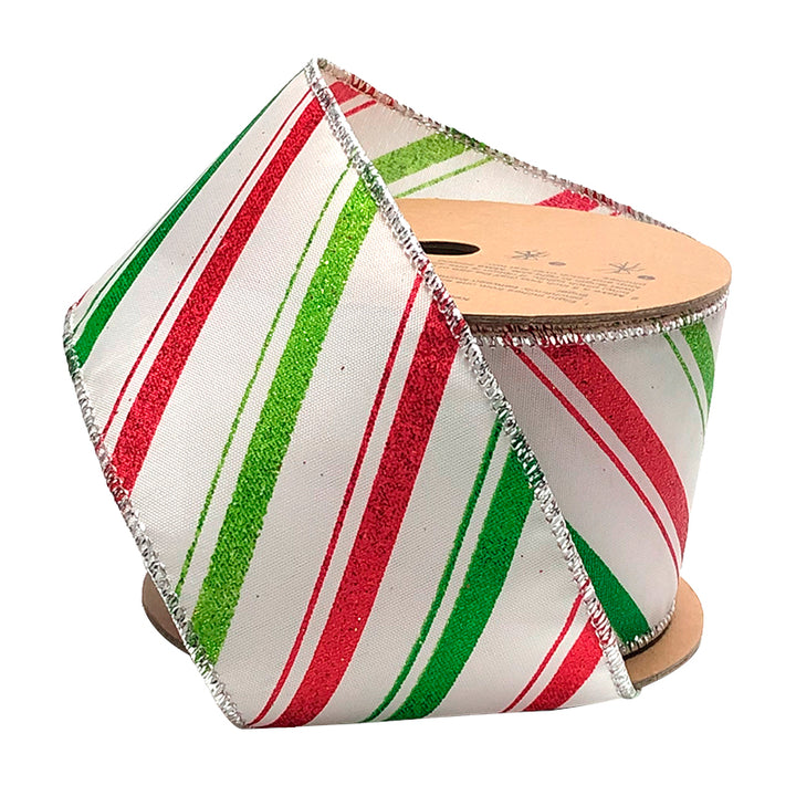 2 1/2" Wired Ribbon | "Holiday Striped" White/Red/Green | 10 Yard Roll