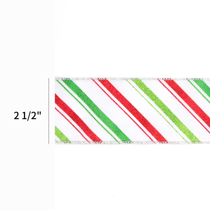 2 1/2" Wired Ribbon | "Holiday Striped" White/Red/Green | 10 Yard Roll