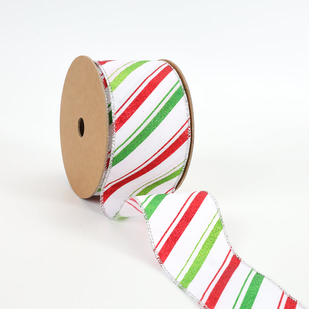 2 1/2" Wired Ribbon | "Holiday Striped" White/Red/Green | 10 Yard Roll